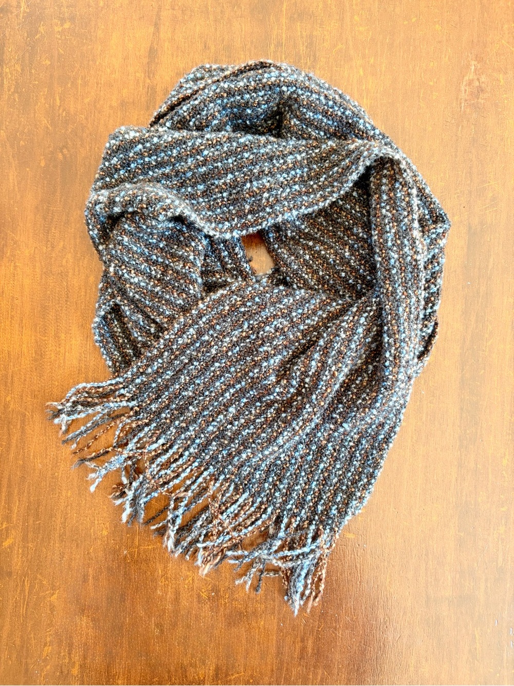 Merino Hand- Woven Fringe Scarf - Black, Blue, Brown